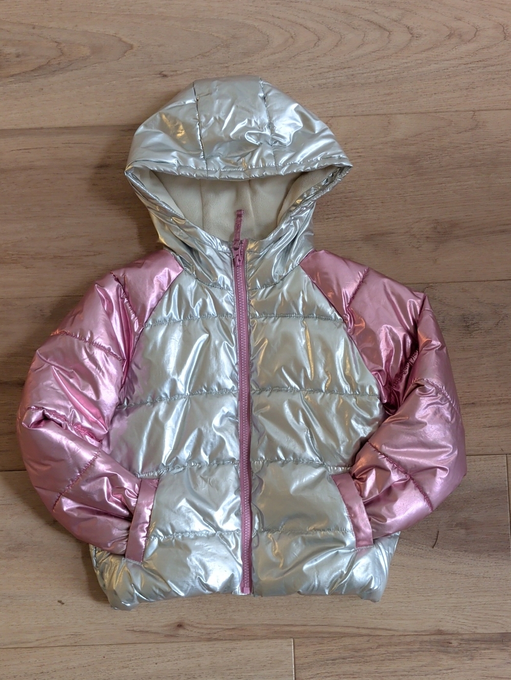 Old Navy Metallic Silver and Pink Hooded Puffer Jacket